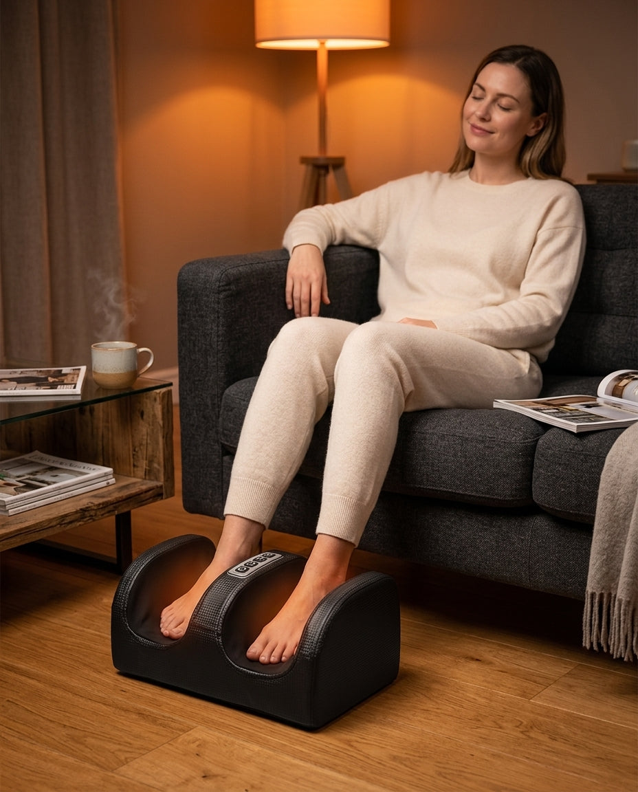 A person relaxing in a living room using a Shiatsu foot massager after a long day.
