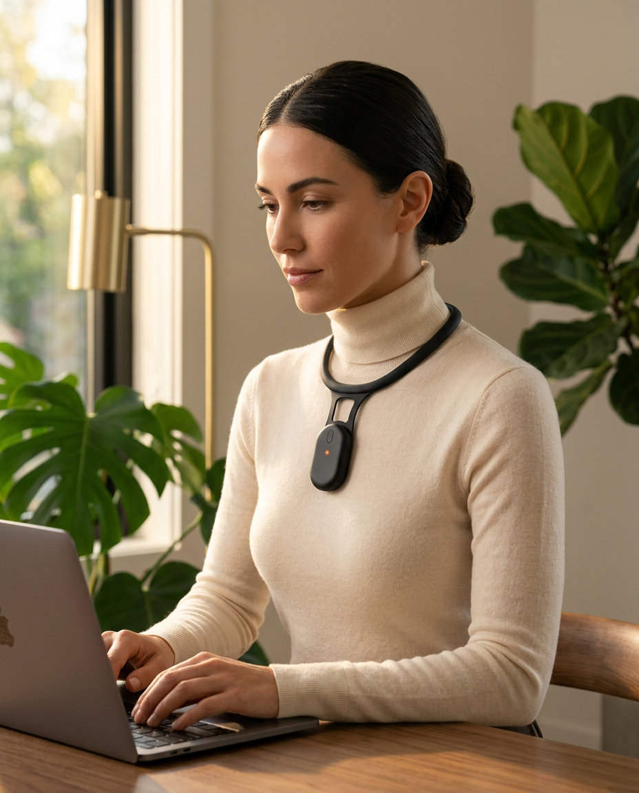 Woman at a laptop wearing a posture corrector at her desk