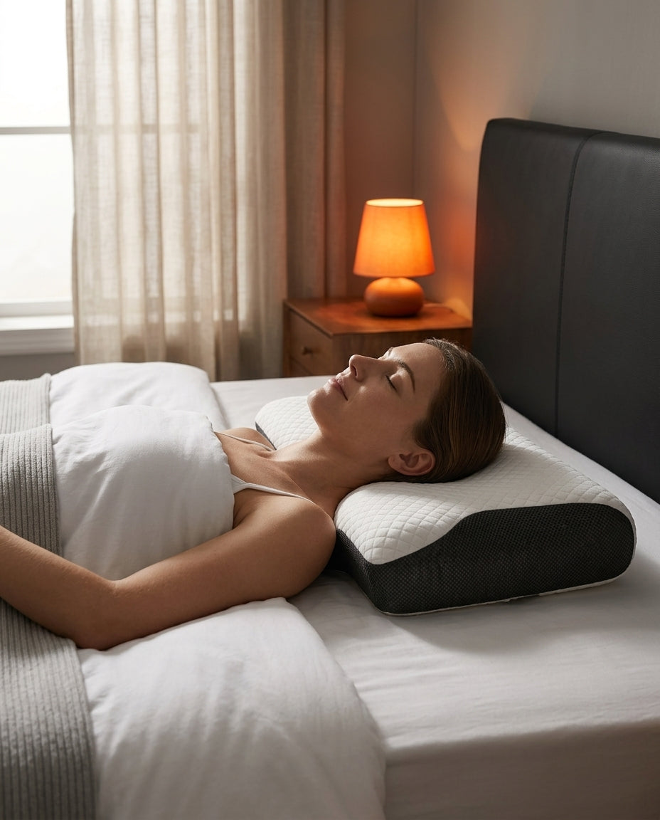 Woman sleeping on her back on a memory foam cervical pillow in a warm-lit bedroom