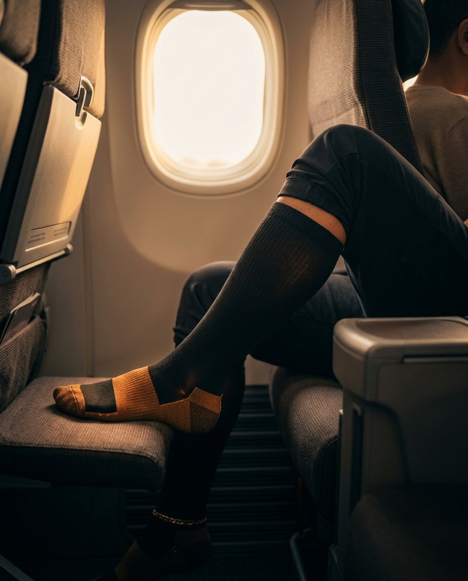 Traveler wearing compression socks with legs up by an airplane window