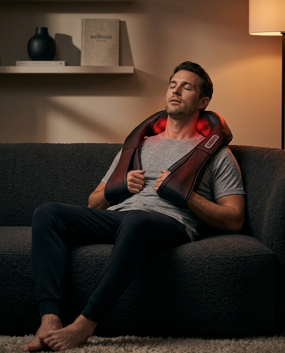Man relaxing on a couch with the heated neck massager glowing red