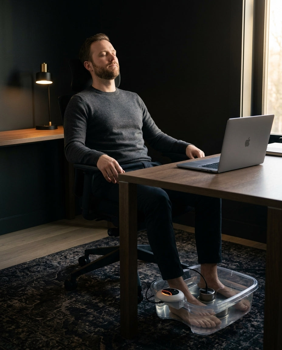 A person relaxing on a break with a warm foot spa at home.