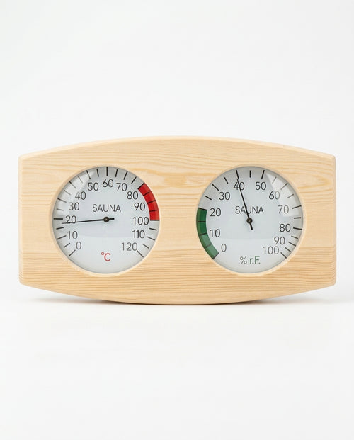 Sauna-Thermometer und Hygrometer aus Holz – Hitze und Feuchte auf einen Blick