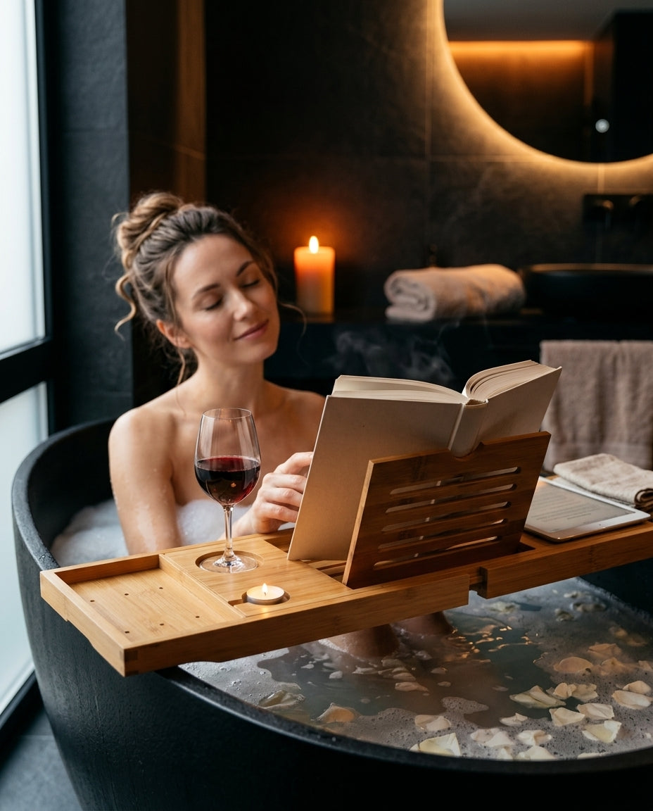 Badewannenablage aus Bambus – ausziehbar mit Platz für Buch, Tablet, Glas und Kerzen – Produktbild 3