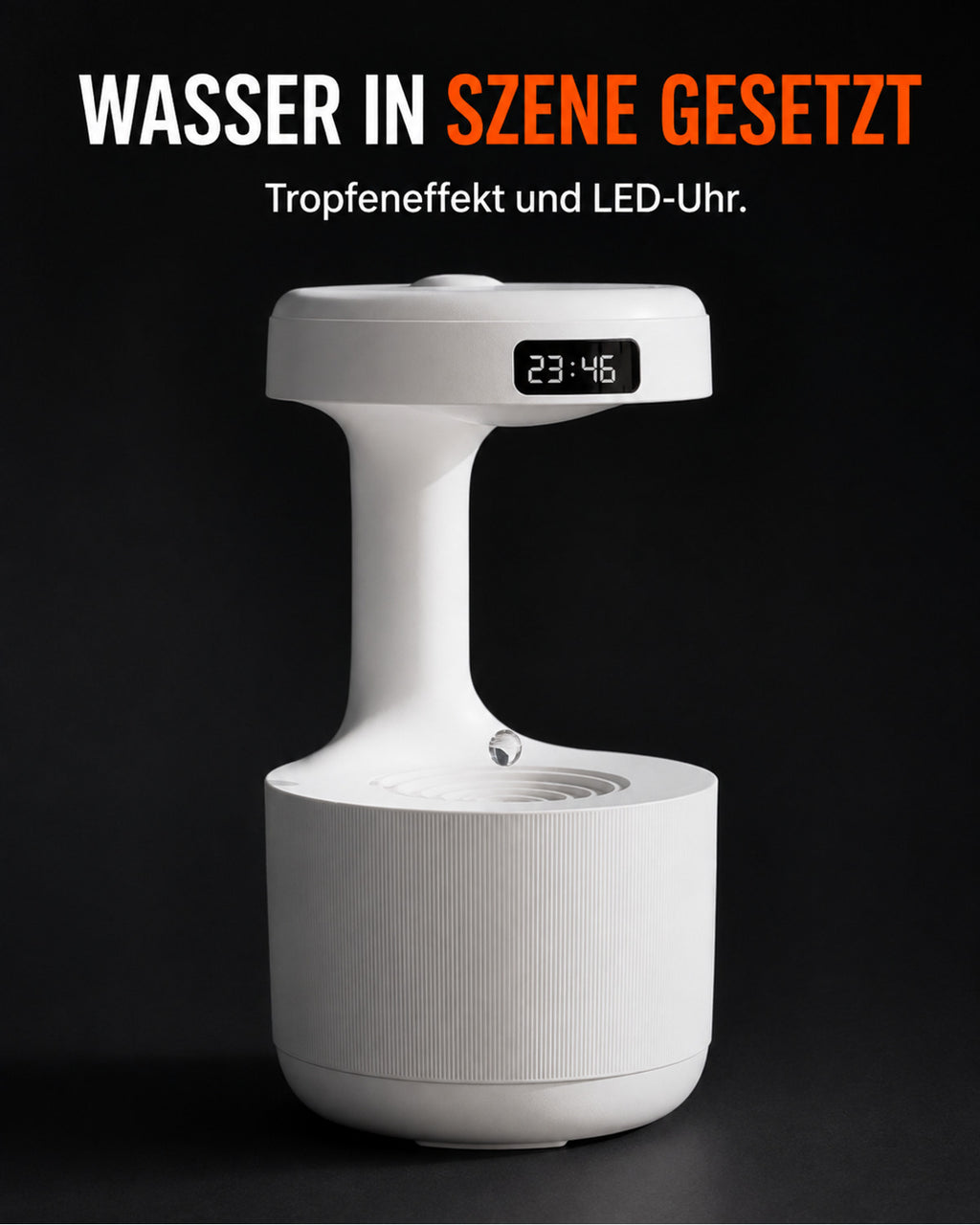 Luftbefeuchter mit Tropfeneffekt und LED-Uhr – Produktansicht 2