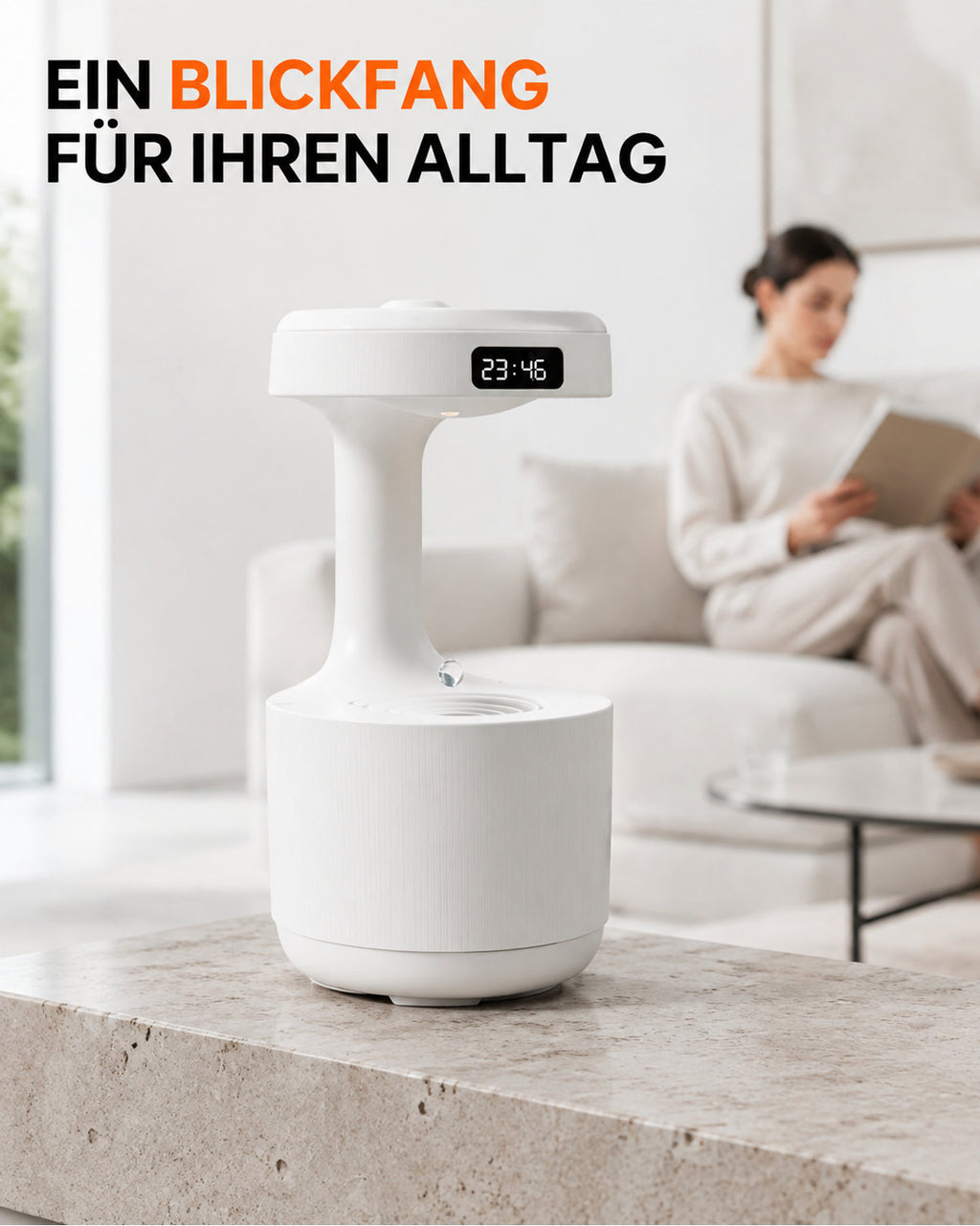 Luftbefeuchter mit Tropfeneffekt und LED-Uhr – Produktansicht 3