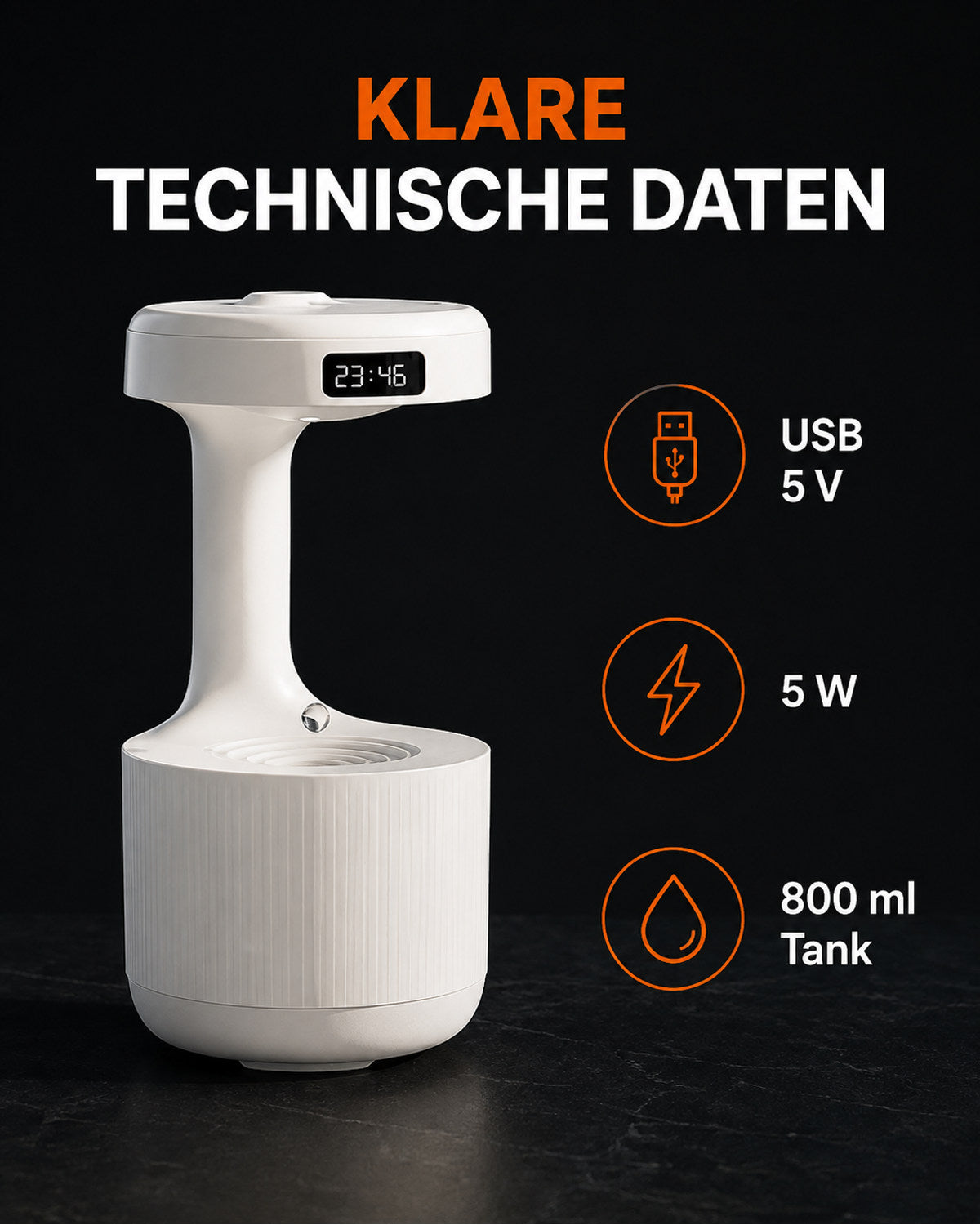 Luftbefeuchter mit Tropfeneffekt und LED-Uhr – Produktansicht 9