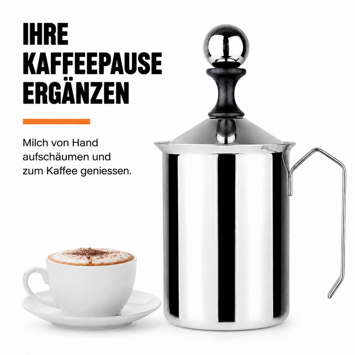 Milch von Hand aufschäumen und zum Kaffee geniessen