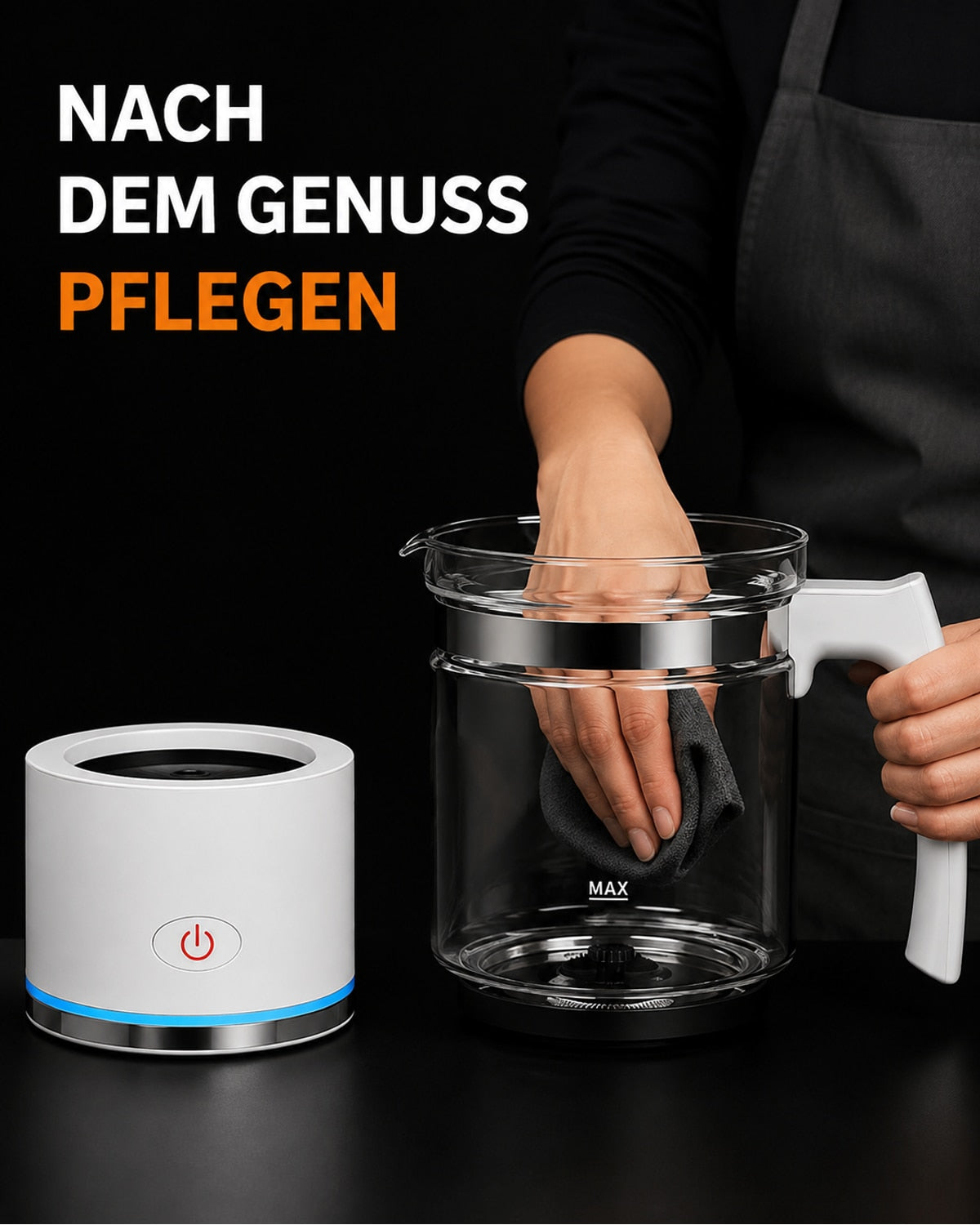 Milchaufschäumer mit Glasgefäss und Basis – Produktbild 9