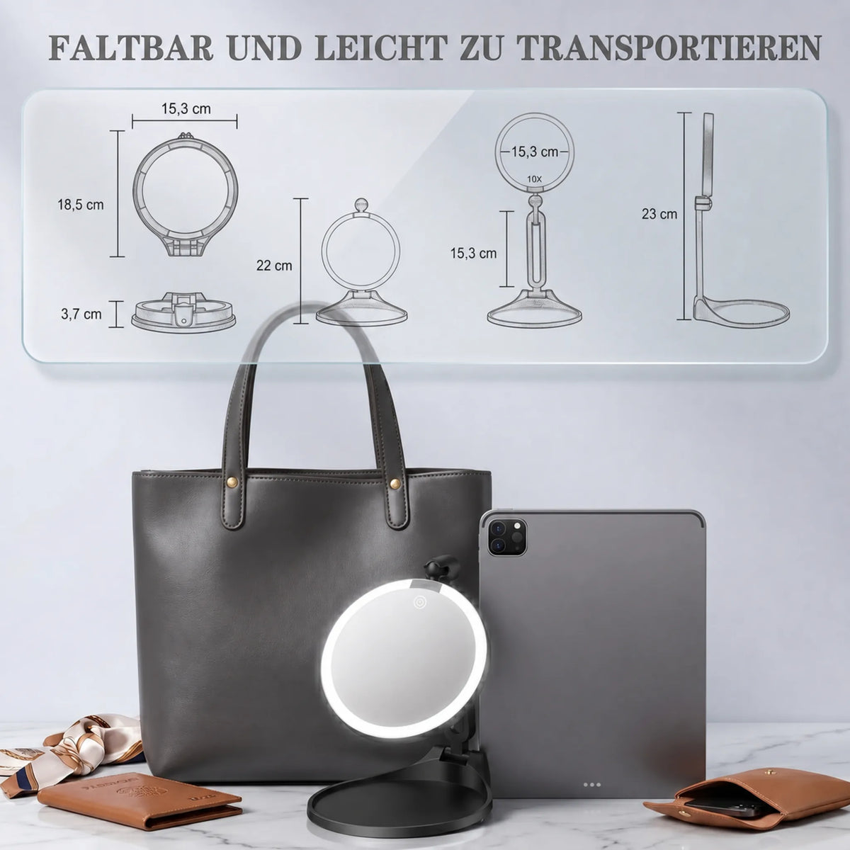 Schminkspiegel mit Licht und 30-facher Vergrösserung – wiederaufladbar und faltbar – Produktbild 4