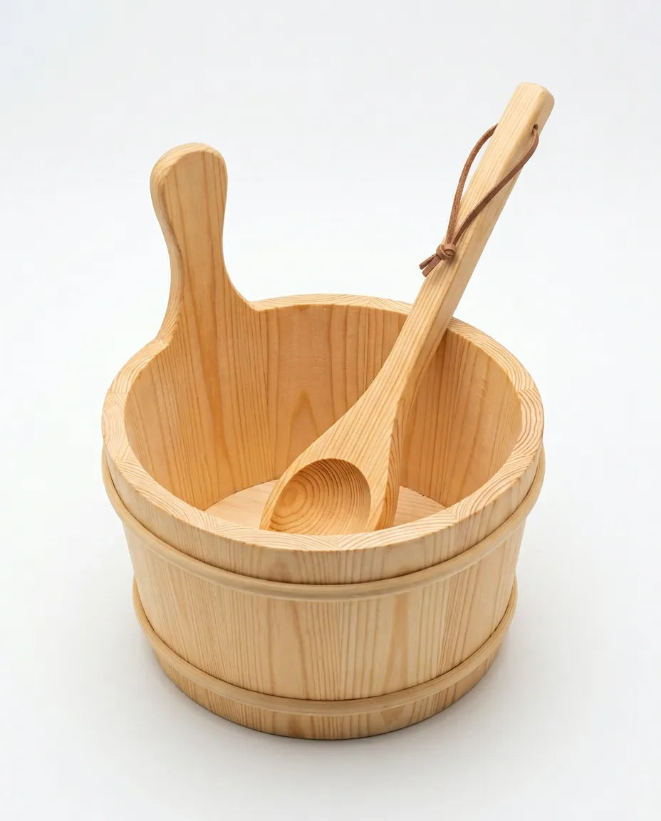 Saunakübel mit Kelle aus Holz – für Aufguss und Wasser in der Heimsauna – Produktbild 8