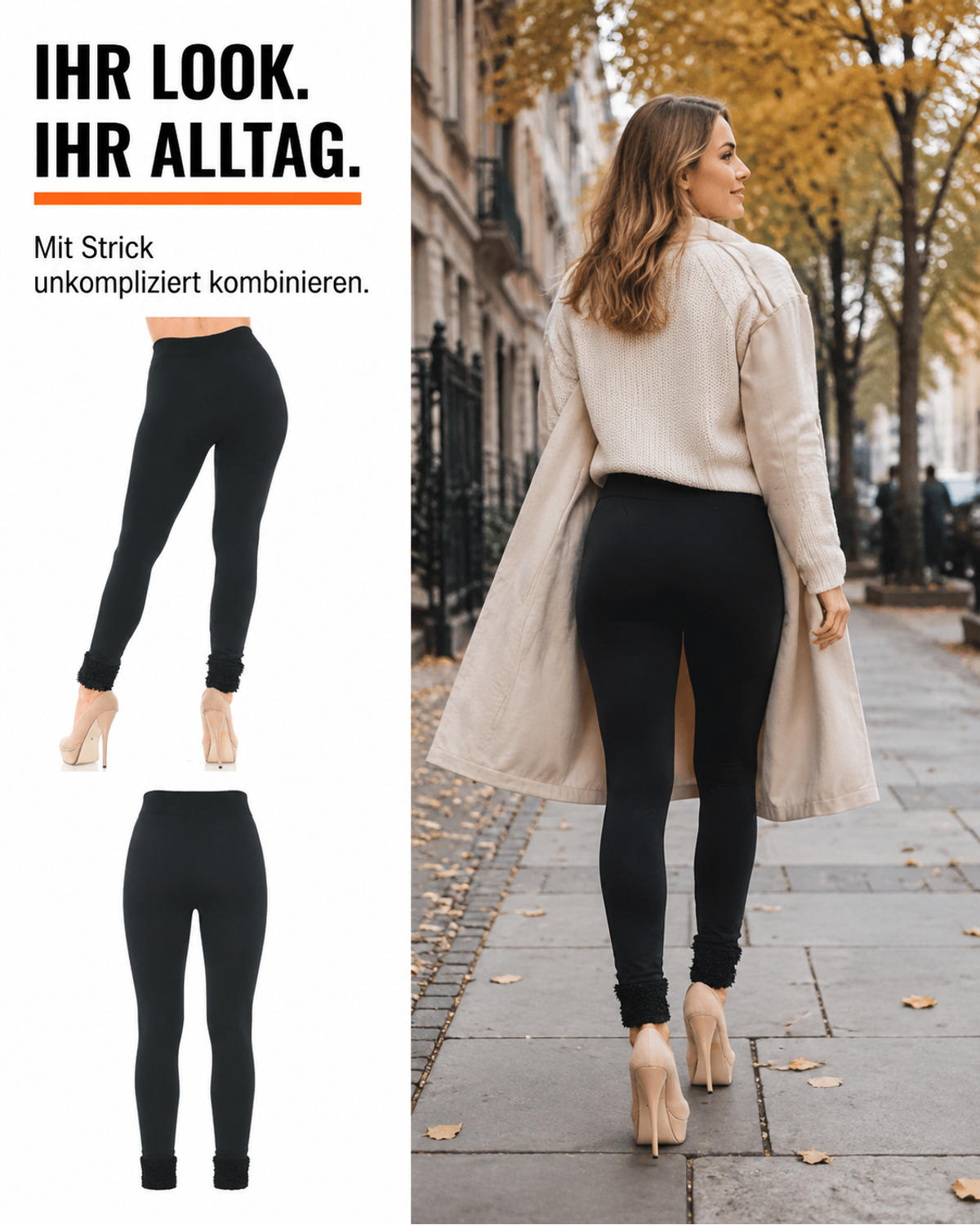 Schwarze Fleece-Leggings mit Revers – IHR LOOK. IHR ALLTAG.