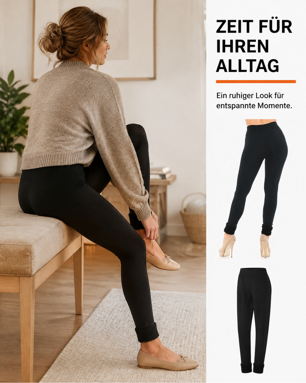 Schwarze Fleece-Leggings mit Revers – ZEIT FÜR IHREN ALLTAG