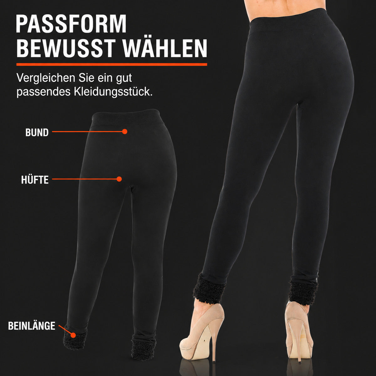 Schwarze Fleece-Leggings mit Revers – PASSFORM BEWUSST WÄHLEN