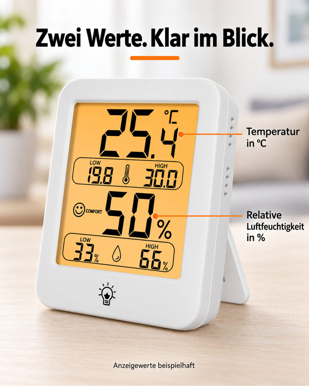 Thermo-Hygrometer mit Erläuterungen zur Temperatur und relativen Luftfeuchtigkeit