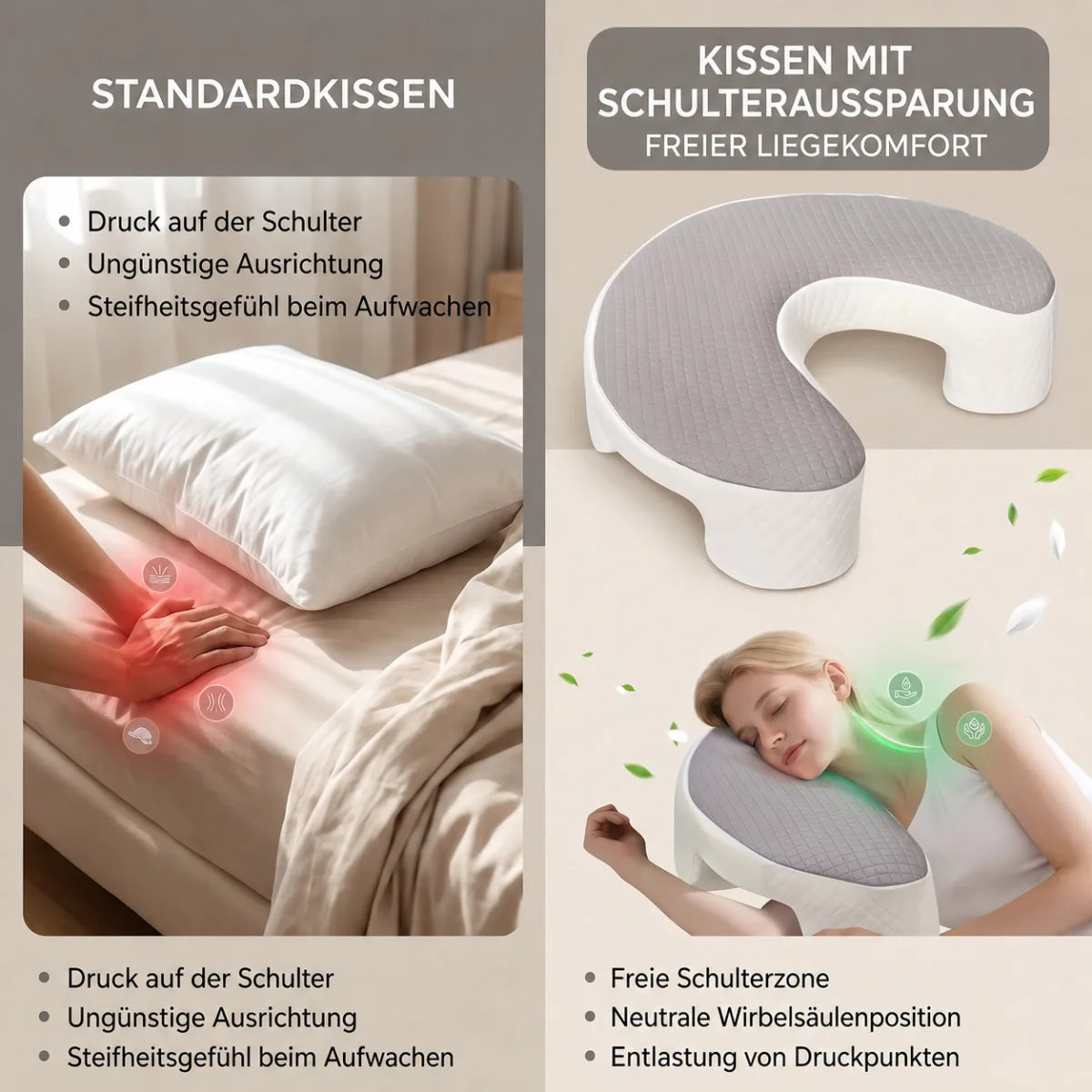 Die meisten Kissen stützen Ihren Kopf. Dieses schafft Raum für Ihre Schulter.
