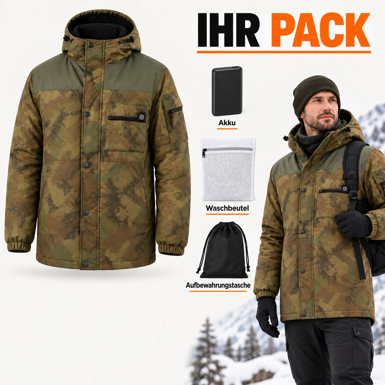 PyreFit Mistro – Beheizbarer Herrenmantel in Camouflage
