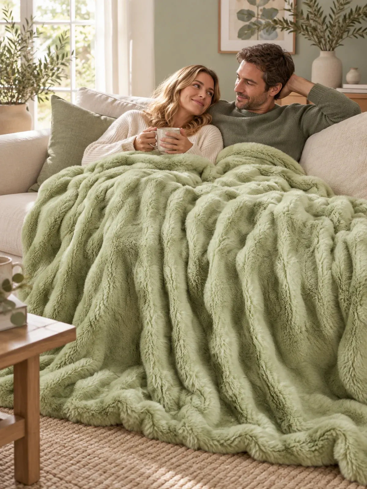 Paar auf dem Sofa mit der Decke Vert sauge