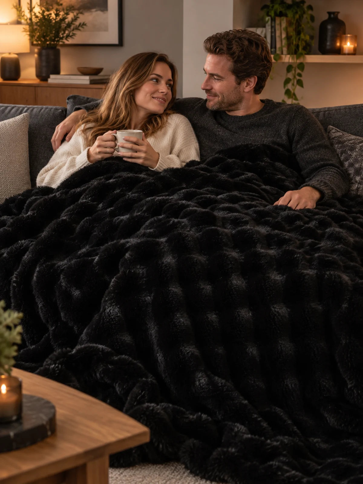 Paar auf dem Sofa mit der Decke Noir