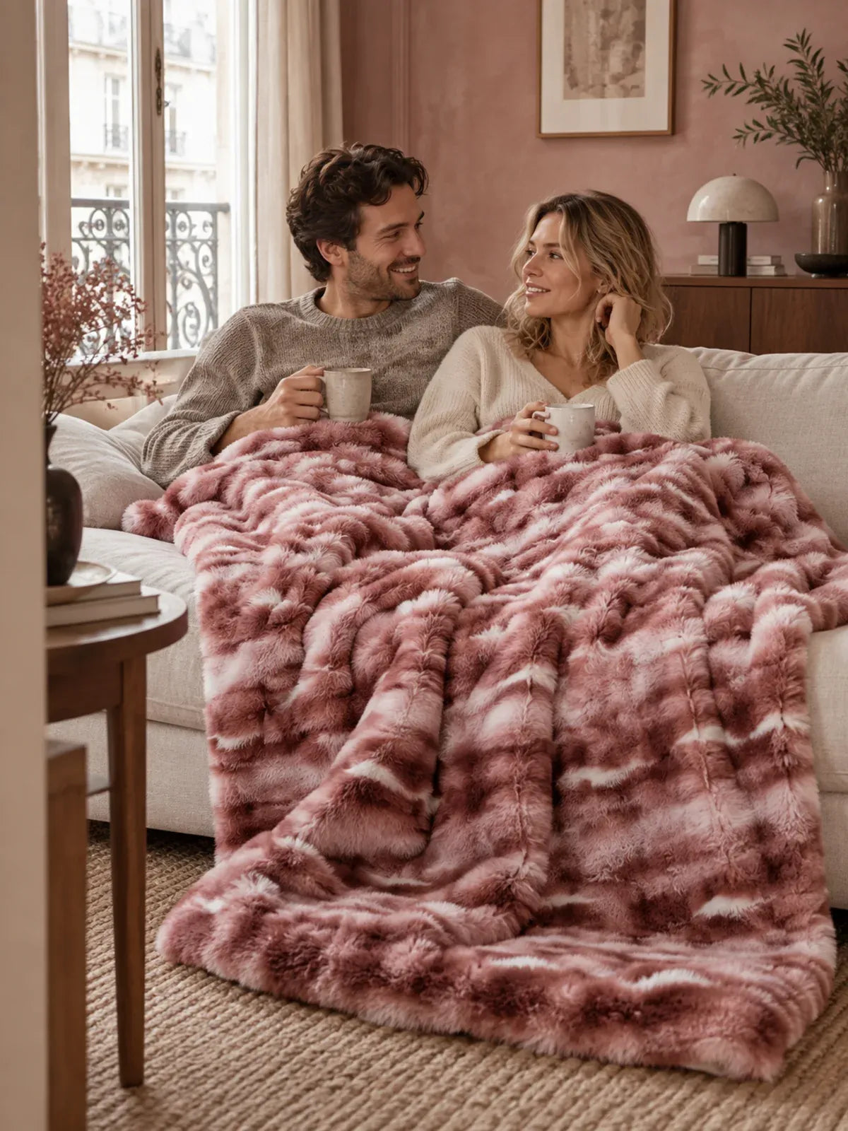 Paar auf dem Sofa mit der Decke Rose nuancé