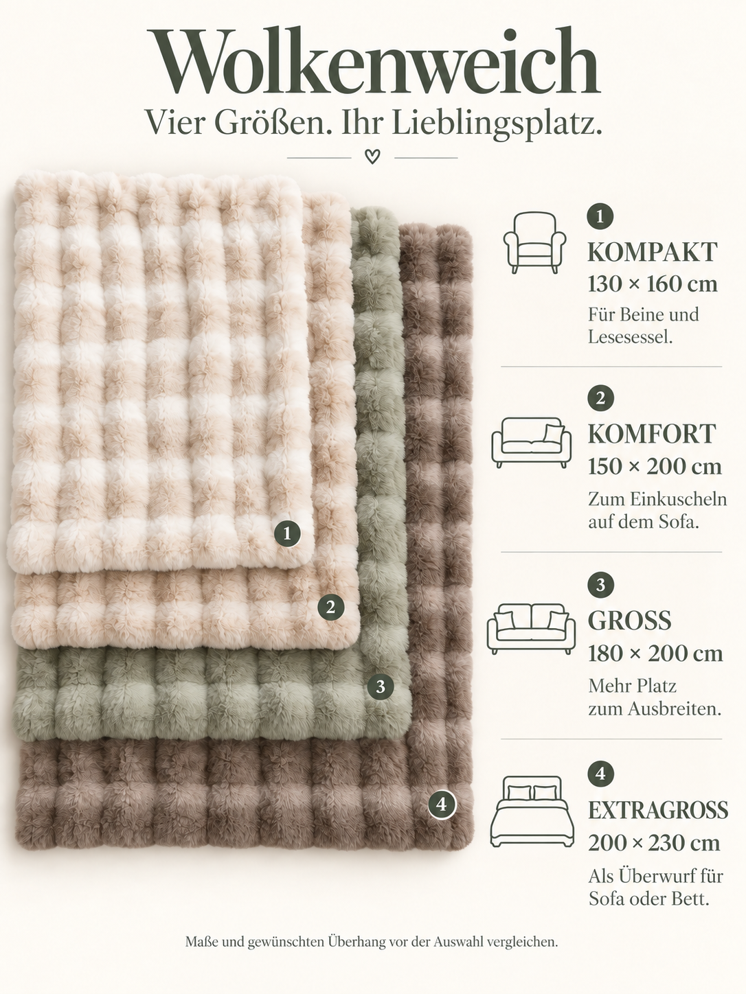 Größenübersicht: 130 × 160, 150 × 200, 180 × 200 und 200 × 230 cm