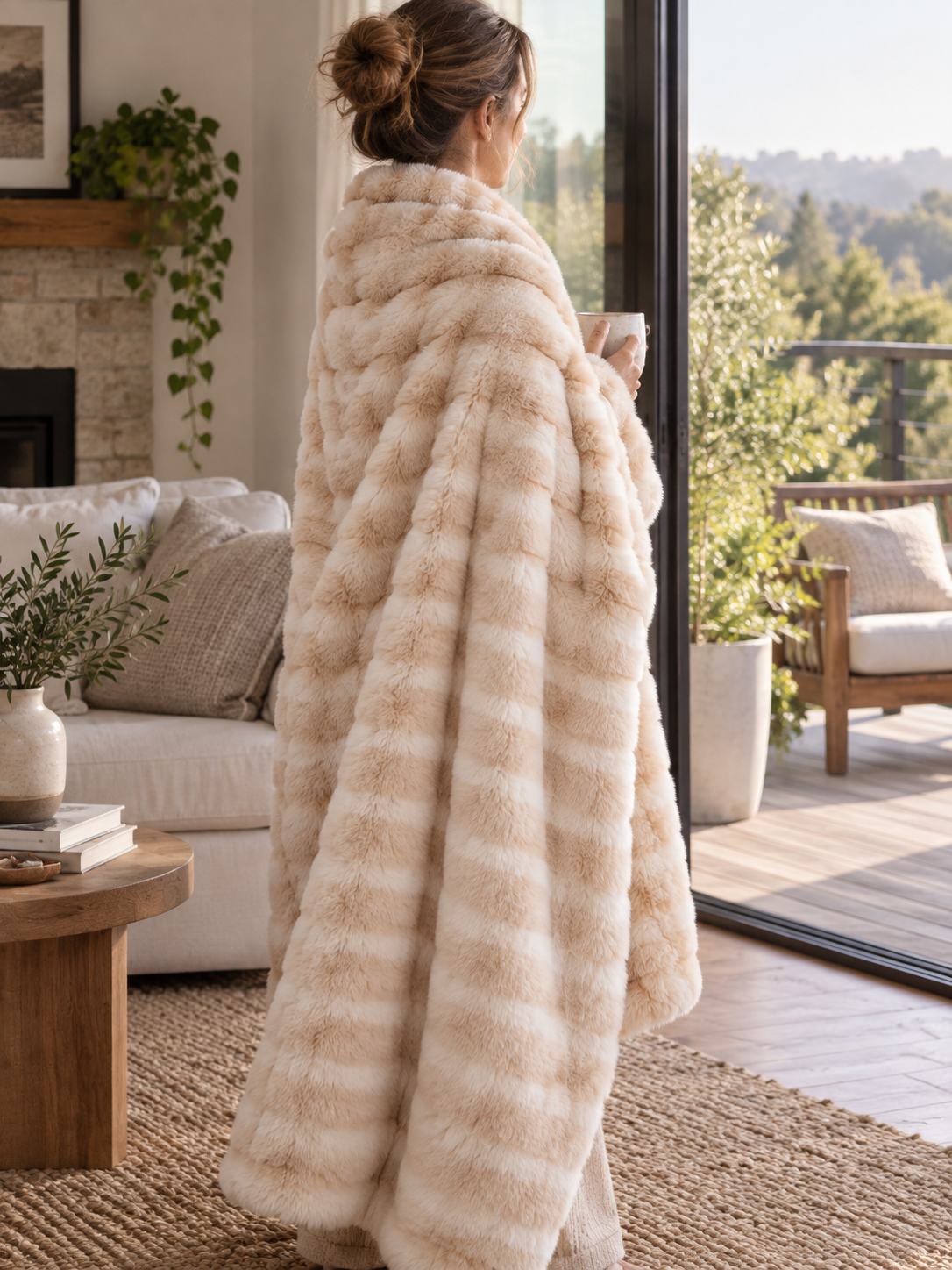 Plaid Nuage Beige — porté sur les épaules