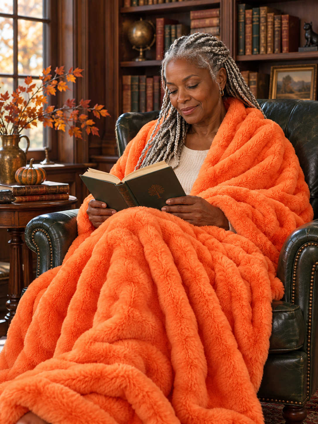 Plaid Nuage Orange — porté sur les épaules