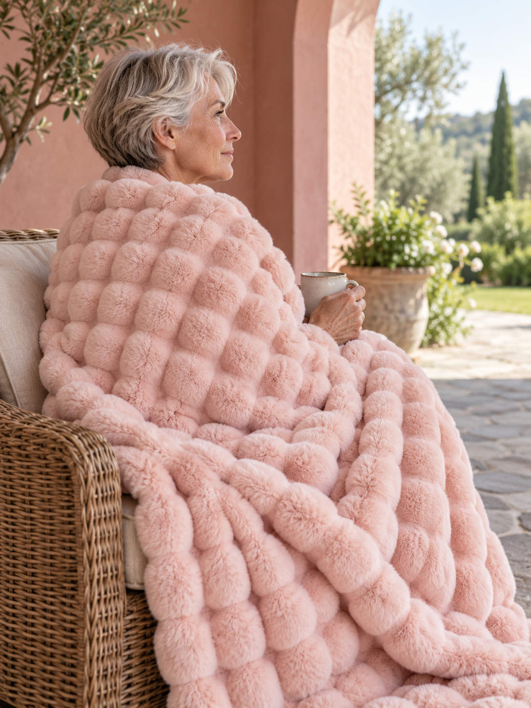 Plaid Nuage Rose poudré — porté sur les épaules