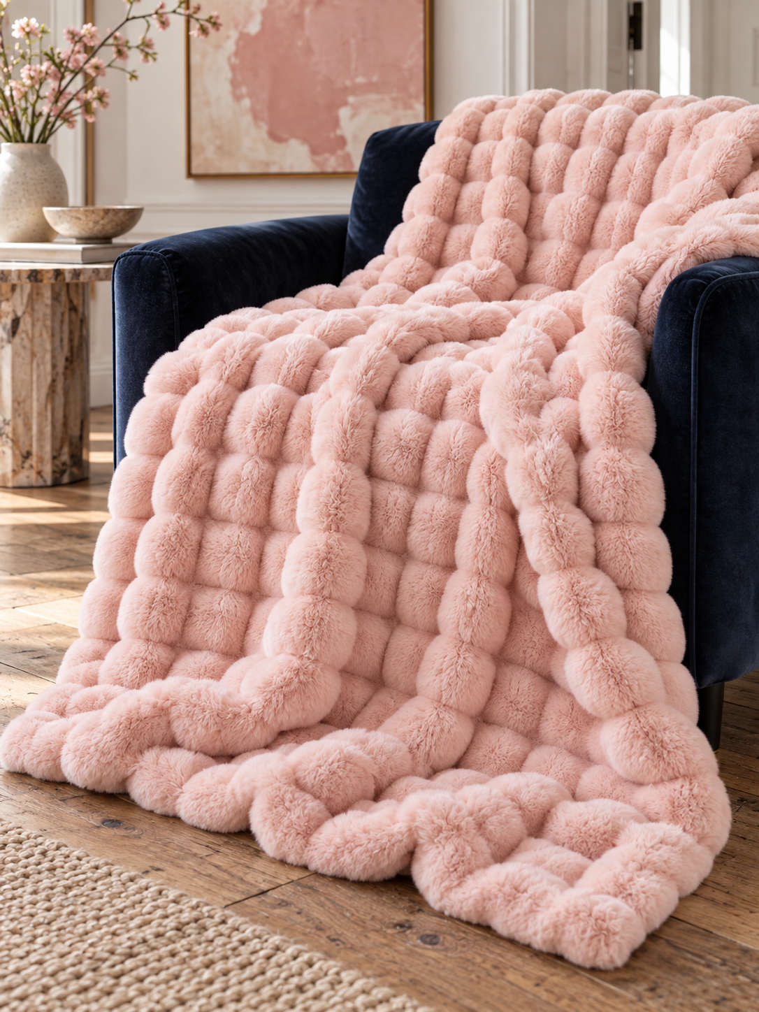 Plaid Nuage Rose poudré — posé dans un décor de vie