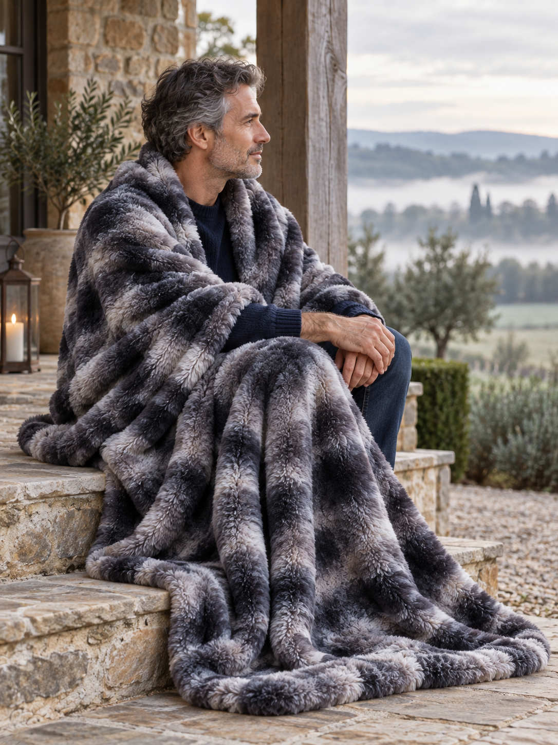 Plaid Nuage Anthracite marbré — porté sur les épaules